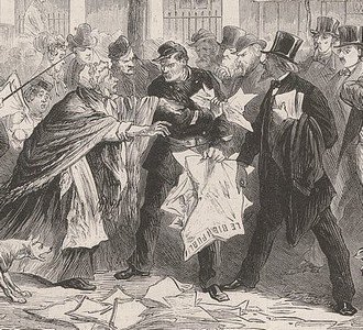 Gravure - Les journaux supprimés - Le Monde Illustré du 20 avril 1871, dessin de Lix (Source : gallica.bnf.fr)